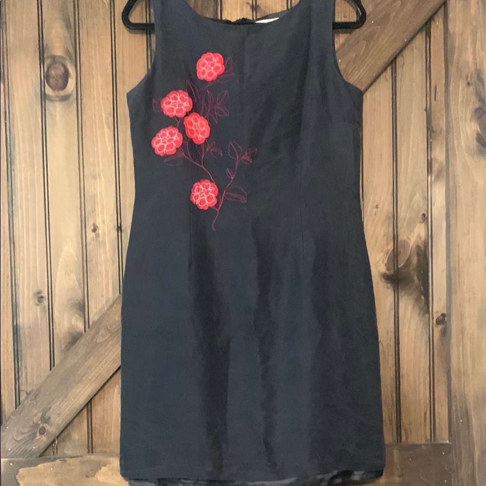 Elegant Black Dress with Red Floral Embroidery